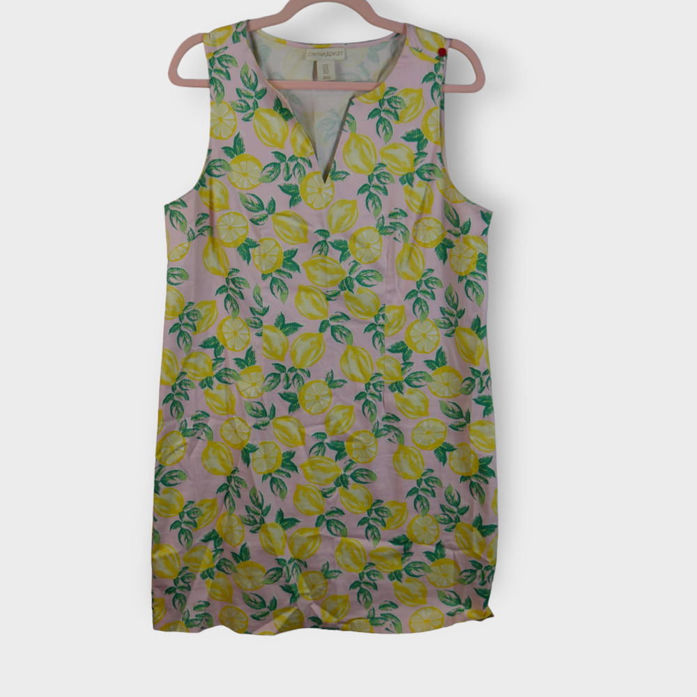 Cynthia Rowley Pastel Pink Lemon Print Notch Neck Shift Dress Size 12 EUC - Picture 2 of 9
